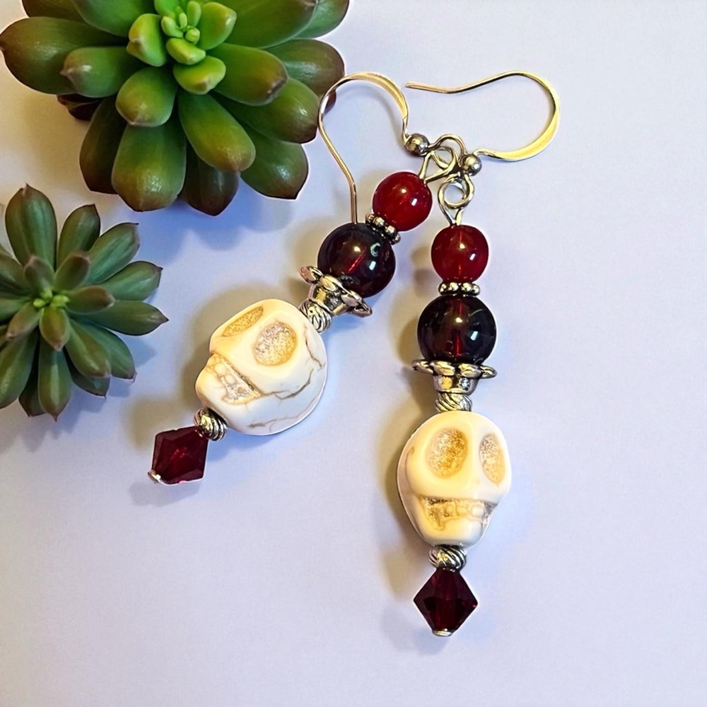 Handcrafted Skull Bead Red and White Earrings
